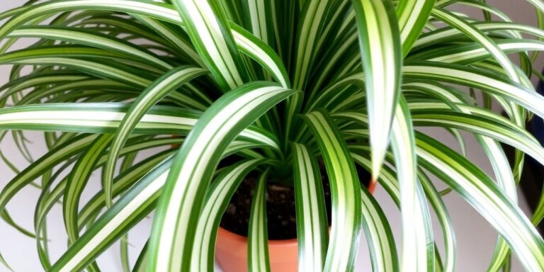 Healthy spider plant with long, arching leaves.