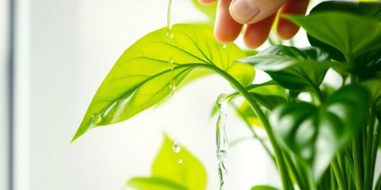 Watering a lush green houseplant with a watering can.