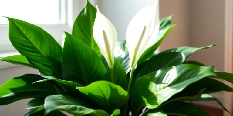 A healthy peace lily plant with glossy green leaves and white blooms.